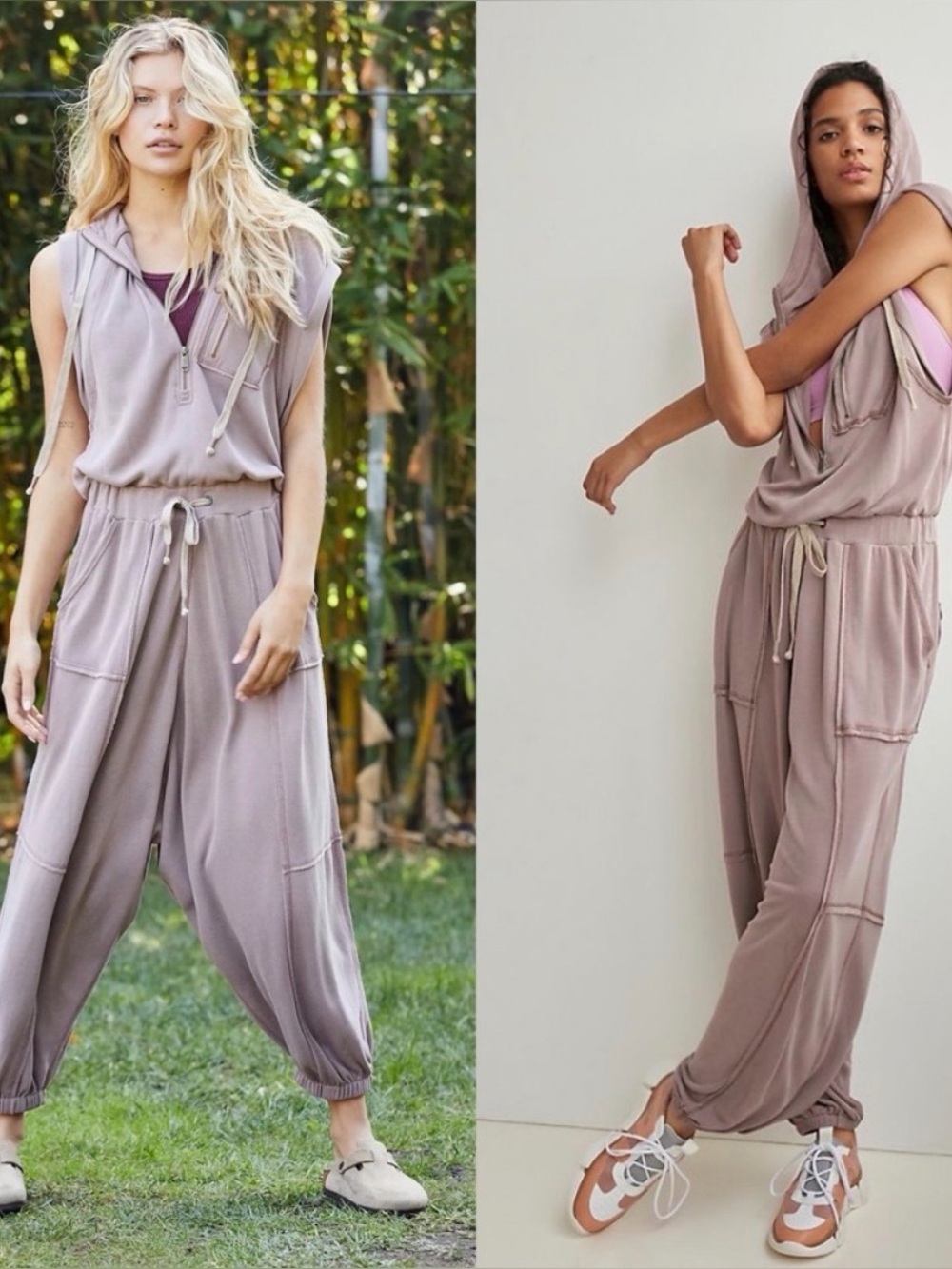 RARE Anthropologie Free People Movement Women’s Hooded Jumpsuit Mauve oversized